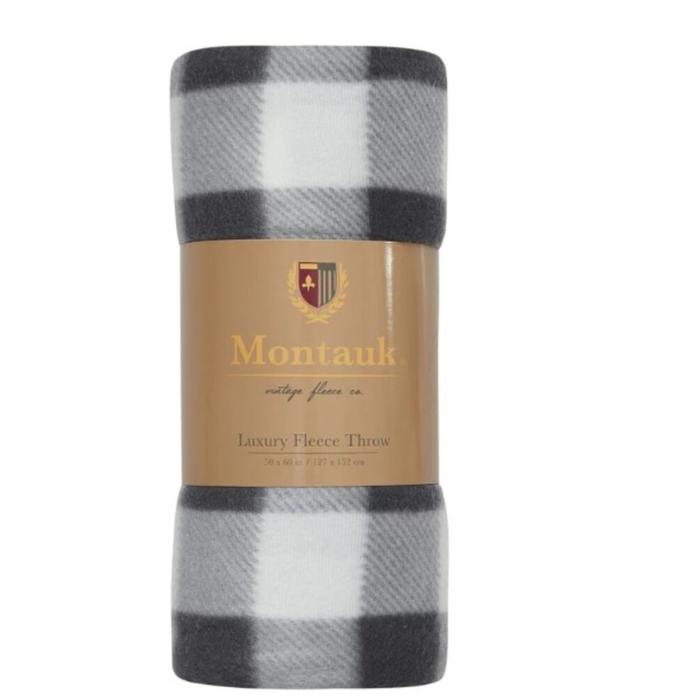 Montauk Luxury Fleece Throw, 50" x 60", White and Gray Plaid, NWT